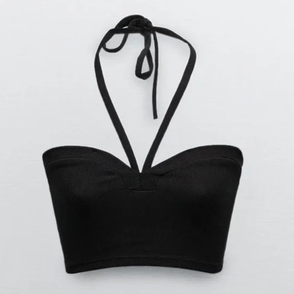 ZARA SWEETHEAT HALTER Ribbed Black / Neck Tie Sweetheart Neck Line size …